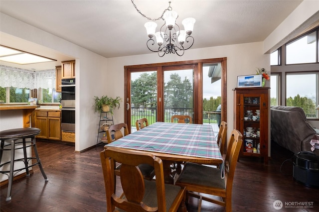 dining room with dark wood-style floors and a chandelier