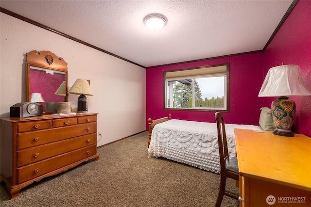 carpeted bedroom featuring baseboards, a textured ceiling, and crown molding