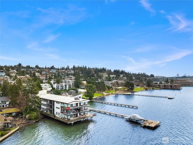 drone / aerial view featuring a water view