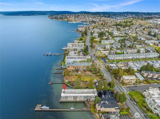 drone / aerial view featuring a water view