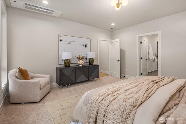 bedroom featuring recessed lighting, carpet flooring, baseboards, and visible vents