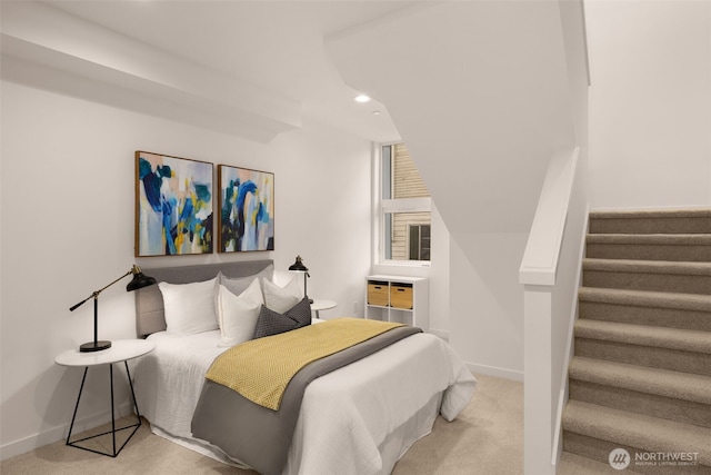 bedroom featuring recessed lighting, carpet, and baseboards