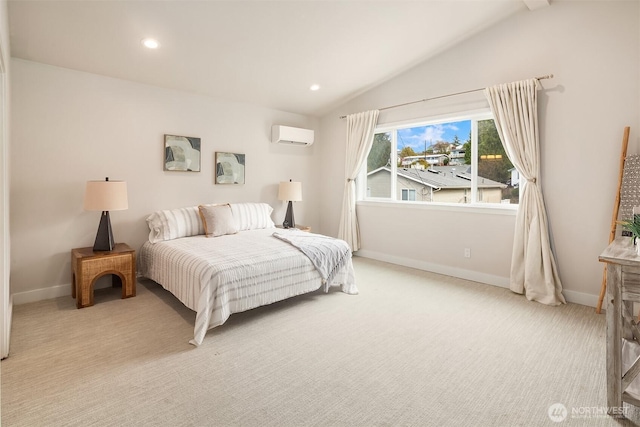 bedroom with light carpet, recessed lighting, a wall mounted AC, and lofted ceiling