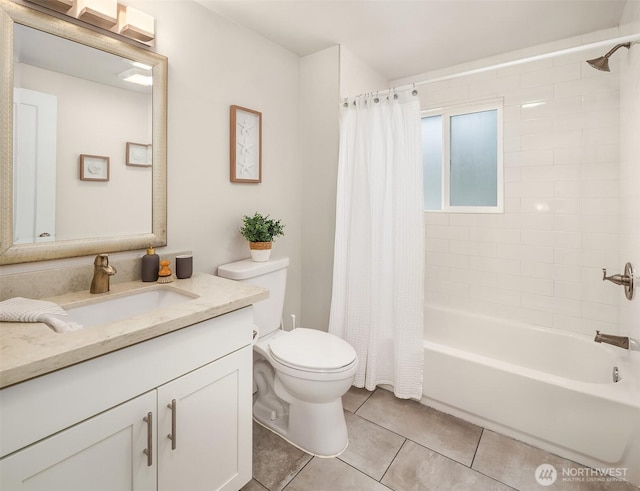 full bath with toilet, shower / bath combo, vanity, and tile patterned flooring