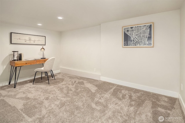 office space featuring recessed lighting, baseboards, and carpet floors