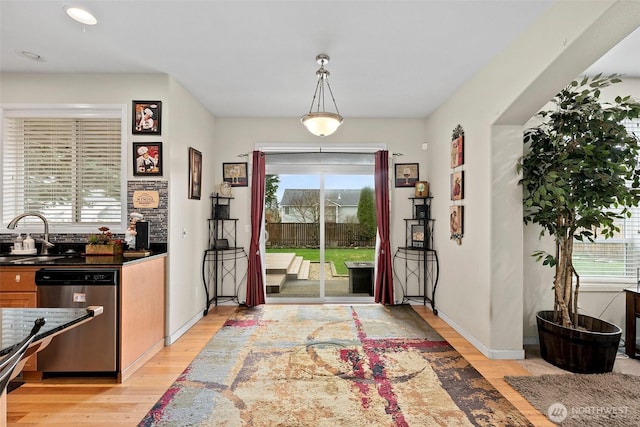 foyer with plenty of natural light, light wood-type flooring, and baseboards