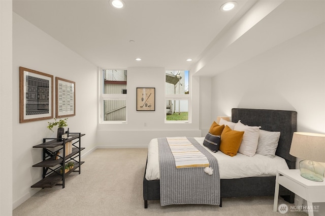 bedroom featuring recessed lighting, baseboards, and carpet