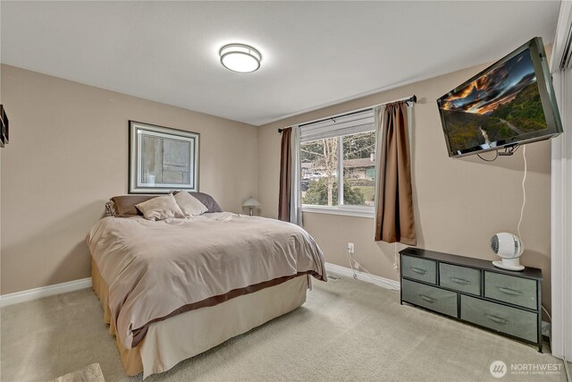 bedroom with baseboards and light carpet