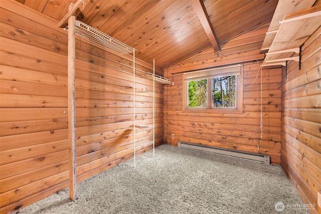 carpeted empty room with a baseboard radiator, wood ceiling, wood walls, and vaulted ceiling with beams