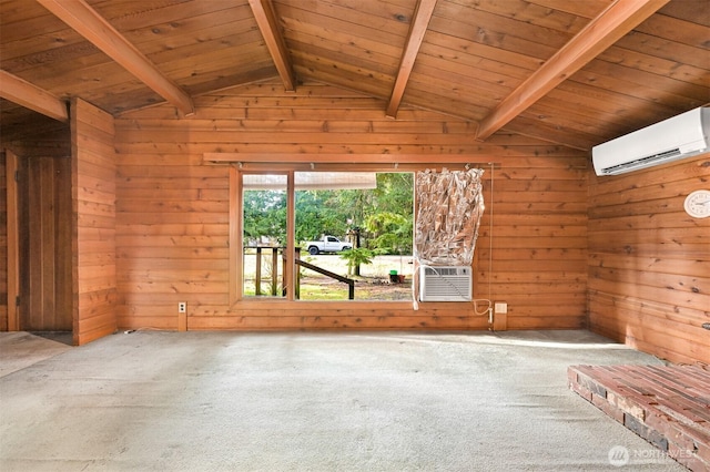 empty room featuring wood walls, a wall mounted air conditioner, lofted ceiling with beams, and carpet floors