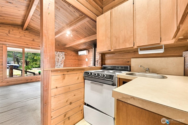 kitchen with wooden walls, vaulted ceiling with beams, wooden ceiling, and white electric range oven