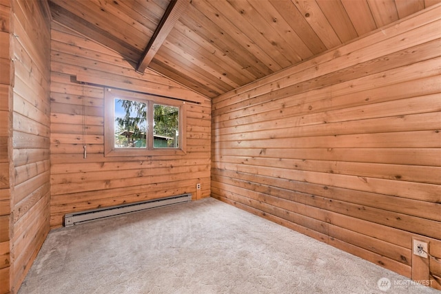 carpeted empty room featuring wooden walls, wooden ceiling, vaulted ceiling with beams, and a baseboard radiator