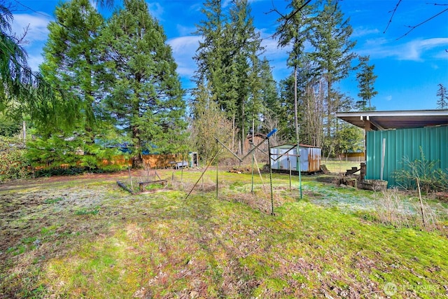 view of yard with an outbuilding and a storage shed