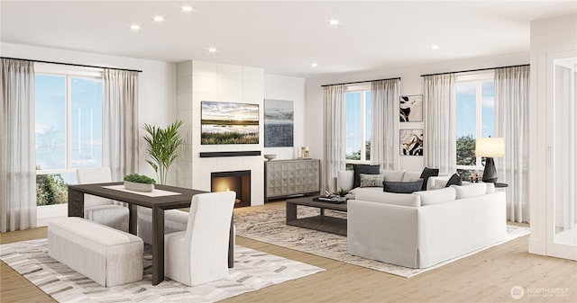 living area with a healthy amount of sunlight, a fireplace, and light wood finished floors