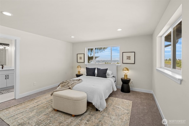 bedroom with multiple windows, carpet flooring, recessed lighting, and baseboards