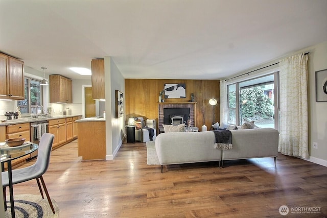 living room with a fireplace, light wood-style floors, and a wealth of natural light