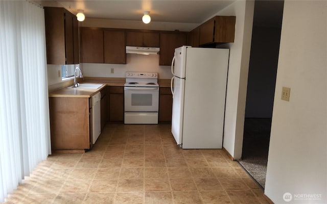 kitchen featuring under cabinet range hood, white appliances, light countertops, and a sink