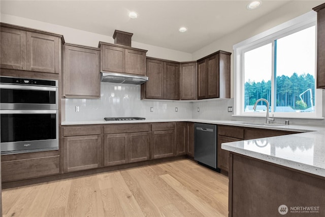 kitchen featuring under cabinet range hood, dark brown cabinetry, light wood-type flooring, appliances with stainless steel finishes, and a sink