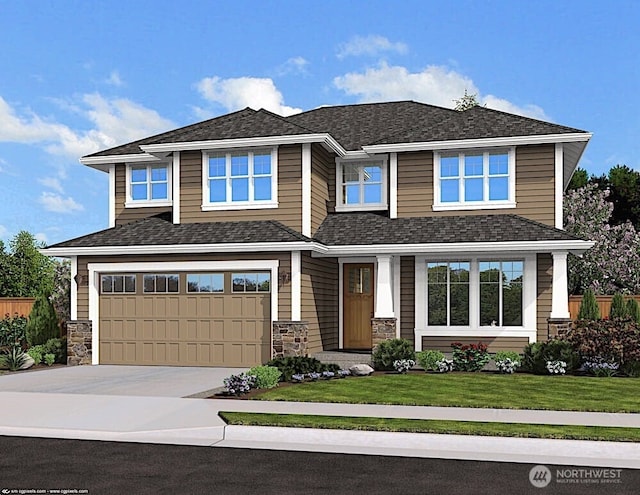 view of front facade with a front yard, driveway, an attached garage, a shingled roof, and stone siding