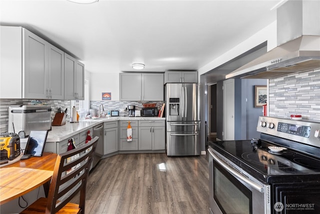 14530 Rutherford Rd, Yakima, WA 98903 - kitchen with stainless steel appliances, gray cabinetry, wall chimney range hood, light countertops, and decorative backsplash