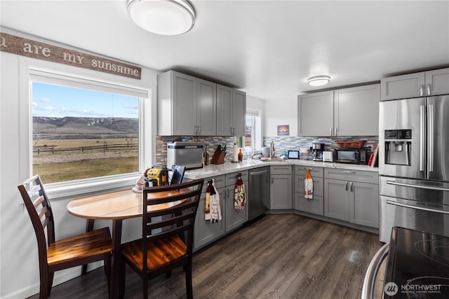 14530 Rutherford Rd, Yakima, WA 98903 - kitchen with gray cabinets, stainless steel appliances, tasteful backsplash, and light countertops