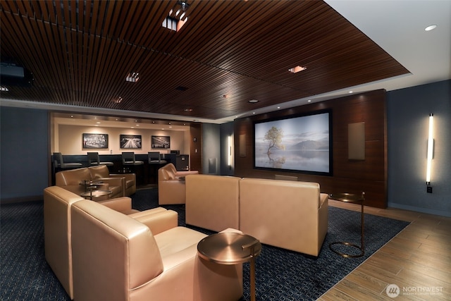 588 Bell St Unit 1603S, Seattle, WA 98121 - home theater room featuring wood finished floors, baseboards, recessed lighting, and wooden ceiling