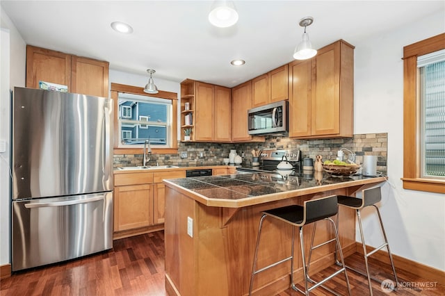 kitchen with a peninsula, a sink, dark wood-type flooring, appliances with stainless steel finishes, and backsplash