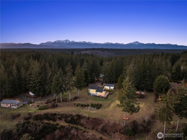 birds eye view of property featuring a view of trees and a mountain view