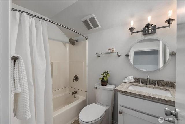 bathroom with visible vents, shower / bathtub combination with curtain, vanity, and toilet