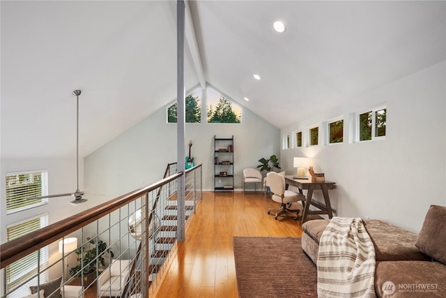 sitting room featuring recessed lighting, an upstairs landing, light wood-style flooring, and vaulted ceiling with beams