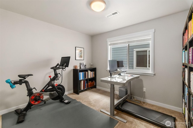 workout room featuring visible vents, carpet flooring, and baseboards