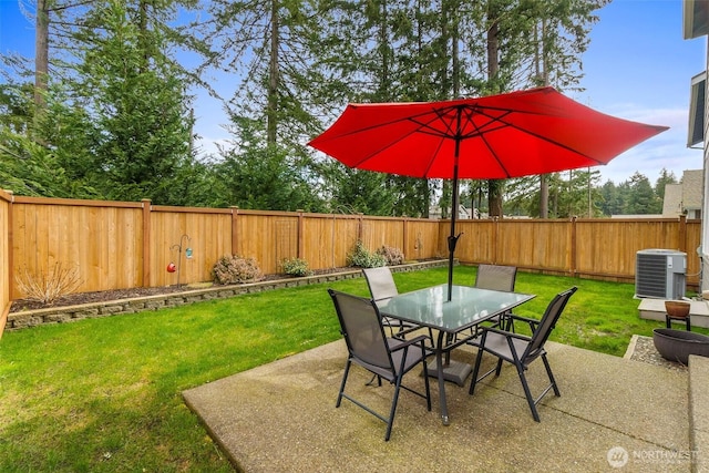 view of patio / terrace featuring a fenced backyard, central AC unit, and outdoor dining space