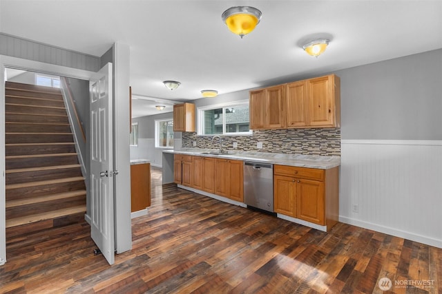 kitchen with a sink, tasteful backsplash, stainless steel dishwasher, dark wood-style floors, and light countertops