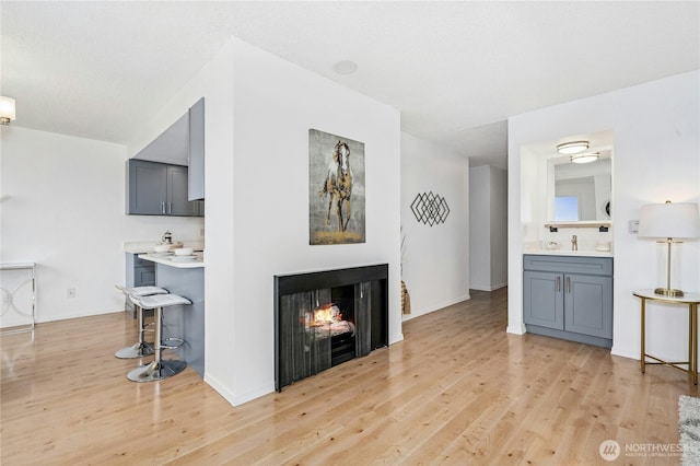 living room featuring baseboards, a multi sided fireplace, and light wood finished floors