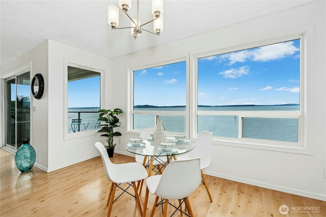 dining area featuring an inviting chandelier, a healthy amount of sunlight, a water view, and light wood finished floors