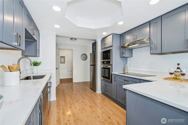 kitchen with light stone counters, a sink, appliances with stainless steel finishes, under cabinet range hood, and a raised ceiling