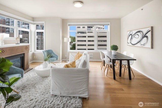 living area with a glass covered fireplace, wood finished floors, and baseboards