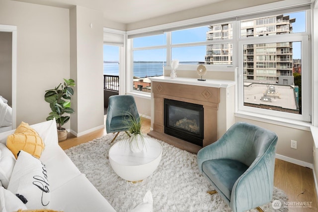 living area with a glass covered fireplace, a water view, baseboards, and wood finished floors