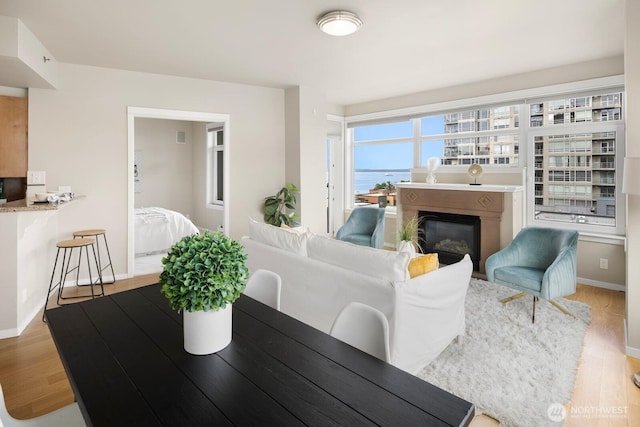 dining space featuring baseboards, wood finished floors, and a glass covered fireplace