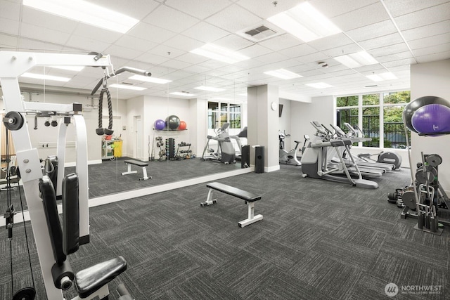 workout area with a drop ceiling, visible vents, carpet floors, and baseboards