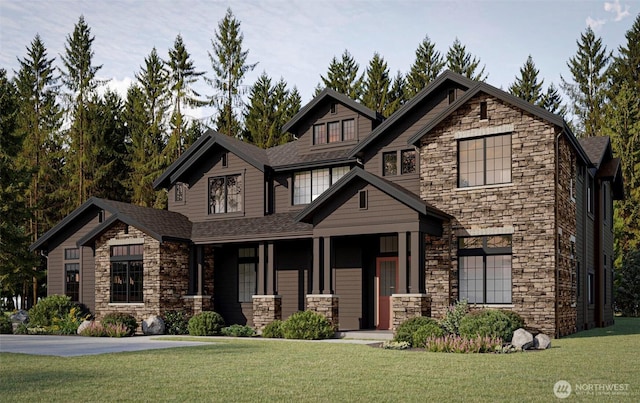 craftsman-style home featuring a front lawn, stone siding, and roof with shingles