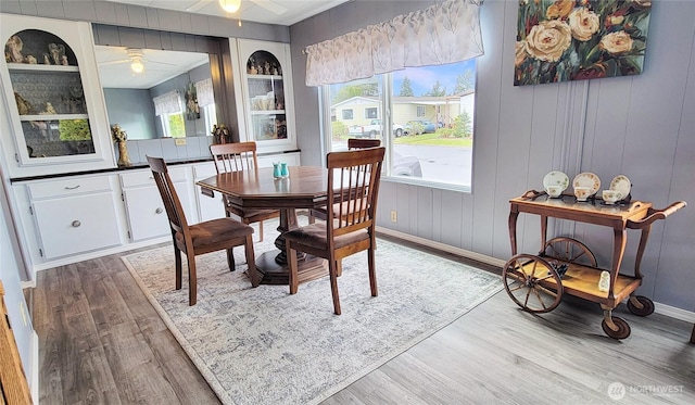 dining room featuring a wealth of natural light, baseboards, a ceiling fan, and wood finished floors