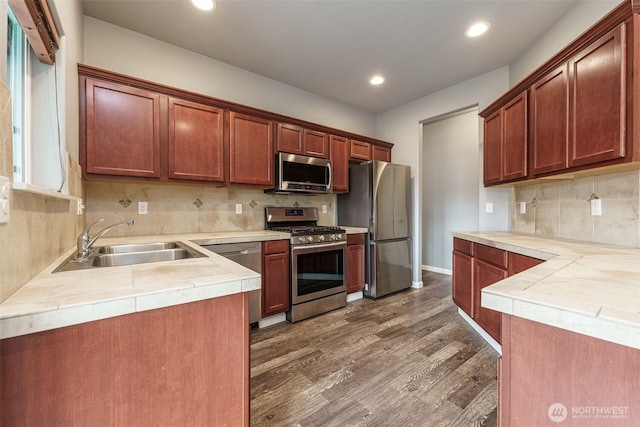 kitchen featuring recessed lighting, stainless steel appliances, dark wood-type flooring, and a sink