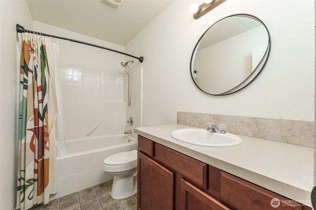 bathroom with shower / bathtub combination with curtain, toilet, visible vents, and vanity