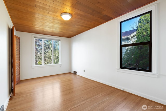 empty room featuring light wood-style flooring, wood ceiling, and baseboards