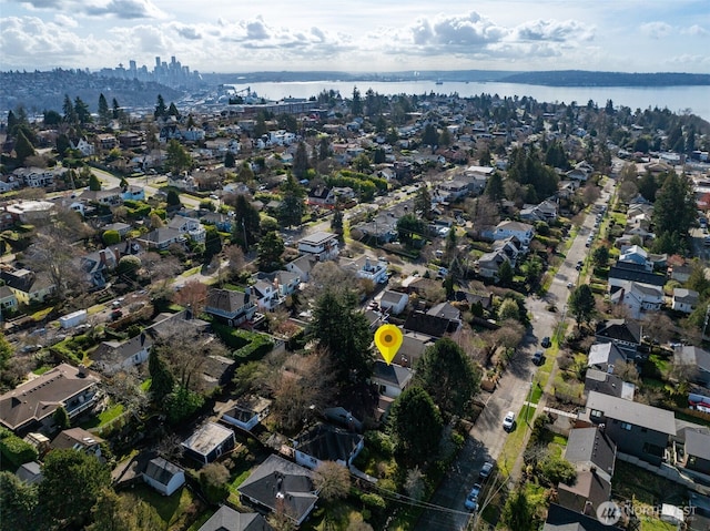 bird's eye view with a water view