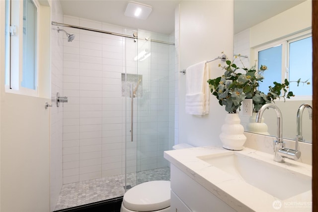 full bath featuring vanity, a shower stall, and toilet