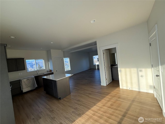 kitchen featuring wood finished floors, open floor plan, a center island, light countertops, and dishwashing machine