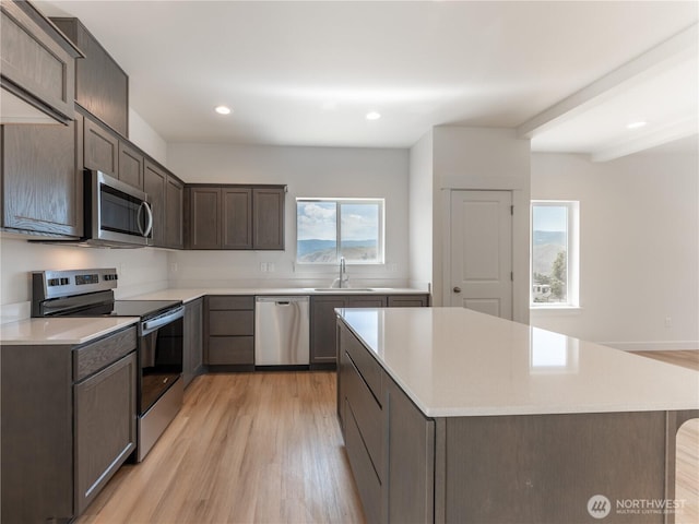 859 N Lyle Ave, East Wenatchee, WA 98802 - kitchen featuring appliances with stainless steel finishes, light wood-style flooring, healthy amount of natural light, and recessed lighting