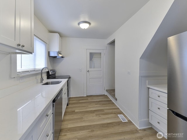 kitchen featuring light stone counters, a sink, appliances with stainless steel finishes, white cabinetry, and light wood-type flooring